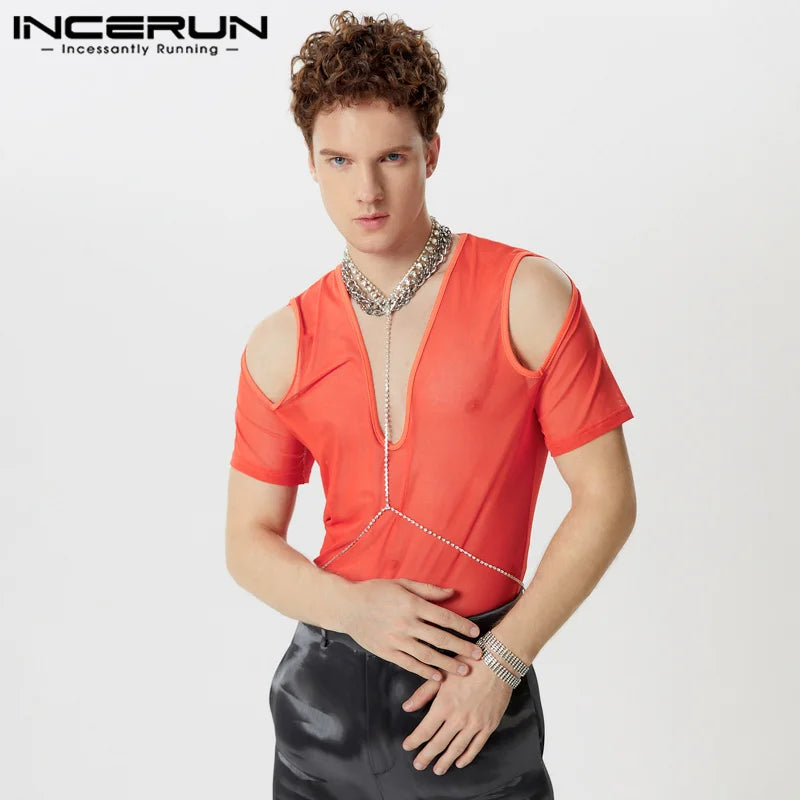 INCERUN Tops 2024 Korean Style Sexy Men Mesh Elastic Shoulder T-shirts Fashion Hot Sale Thin V-neck Short Sleeved Camiseta S-5XL