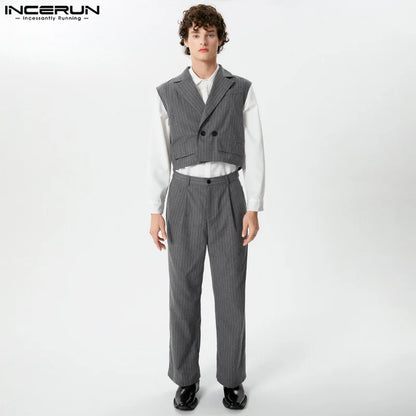 2024 Men Striped Sets Lapel Sleeveless Vests & Straight Pants 2PCS Streetwear Elegant Fashion Men's Casual Suits S-5XL INCERUN