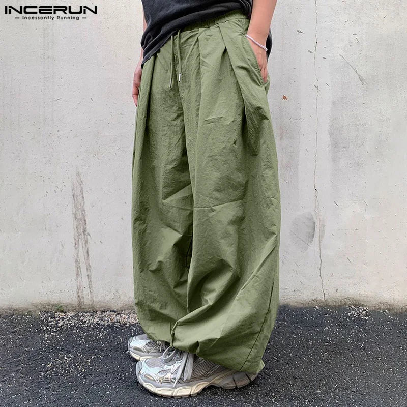 INCERUN 2024 Korean Style Trousers Men's Pleated Splicing Wide Leg Pantalons Casual Simple Male Solid Drawstring Long Pant S-5XL