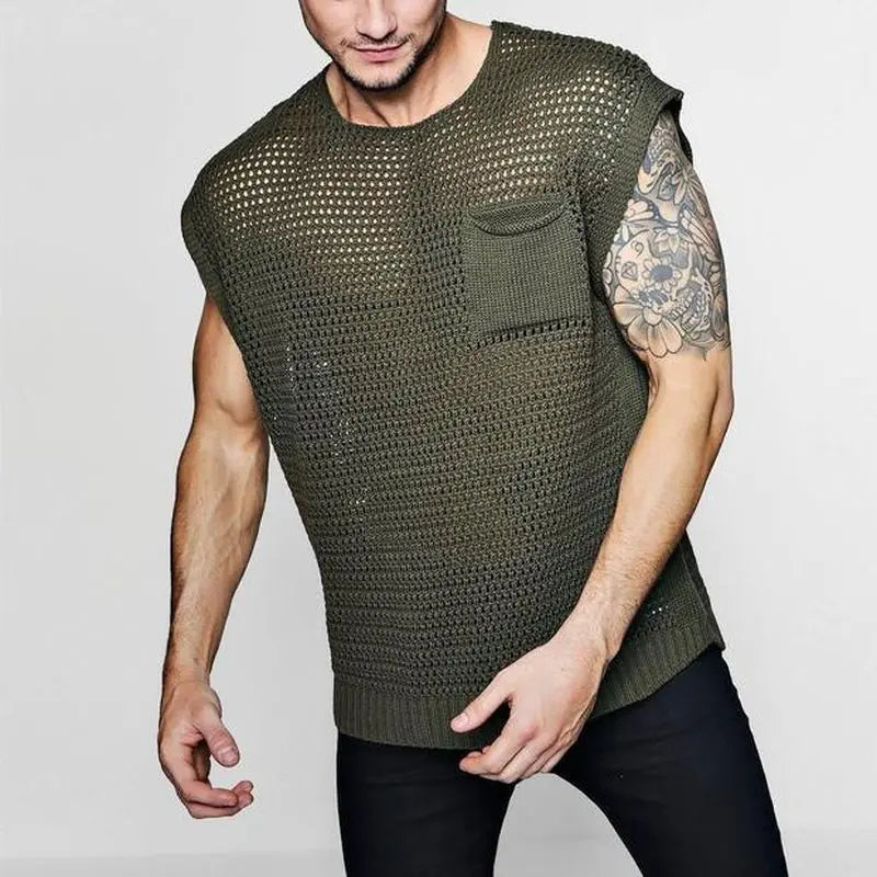 HOUZHOU Green Knit Mesh Vest Men Transparent Sexy Men's Tank Tops Red See Through Men's Clothing Sleeveless Tee Streetwear