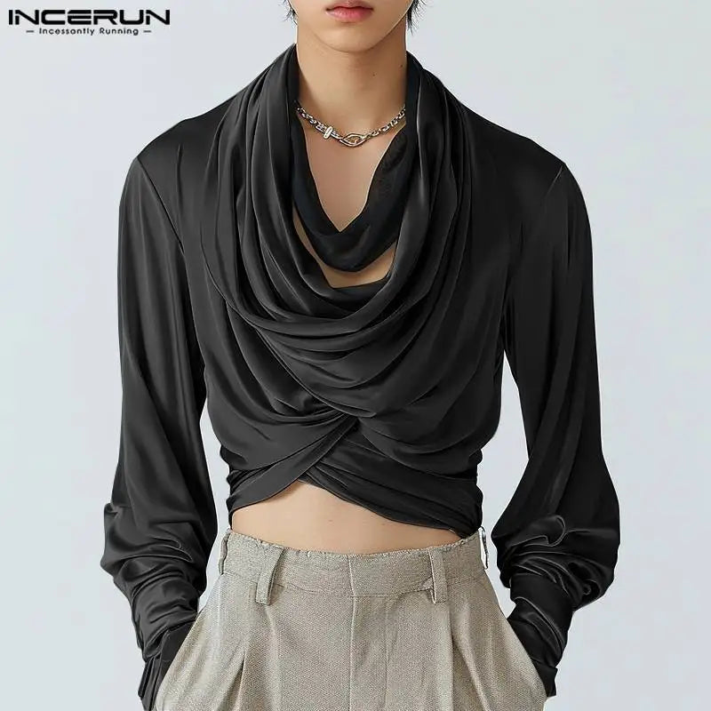 INCERUN Tops 2024 Korean Style Men's Fashion Pile Collar Design Shirts Sexy Casual Male Solid Cropped Long Sleeved Blouse S-5XL