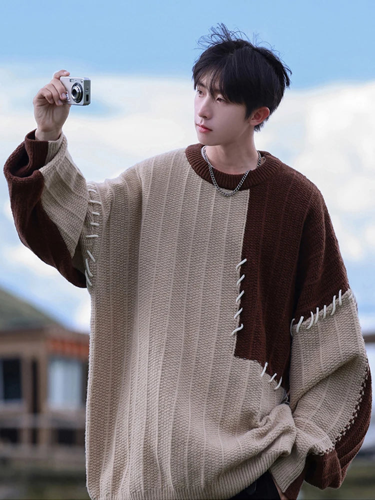 HOUZHOU Knitted Sweater Men Pullover Oversize Sweaters Male Winter Harajuku Casual Streetwear Patchwork Autumn Hip Hop Spliced