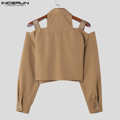 INCERUN Tops 2024 American Style New Men's Hollow Design Cropped Shirts Fashion Party Shows Male Solid Long Sleeved Blouse S-5XL