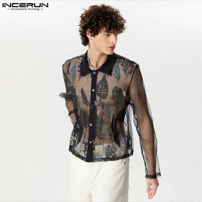 INCERUN Tops 2024 American Style Sexy New Men's Jacquard Perspective Design Shirts Casual Fashion Thin Long Sleeved Blouse S-5XL