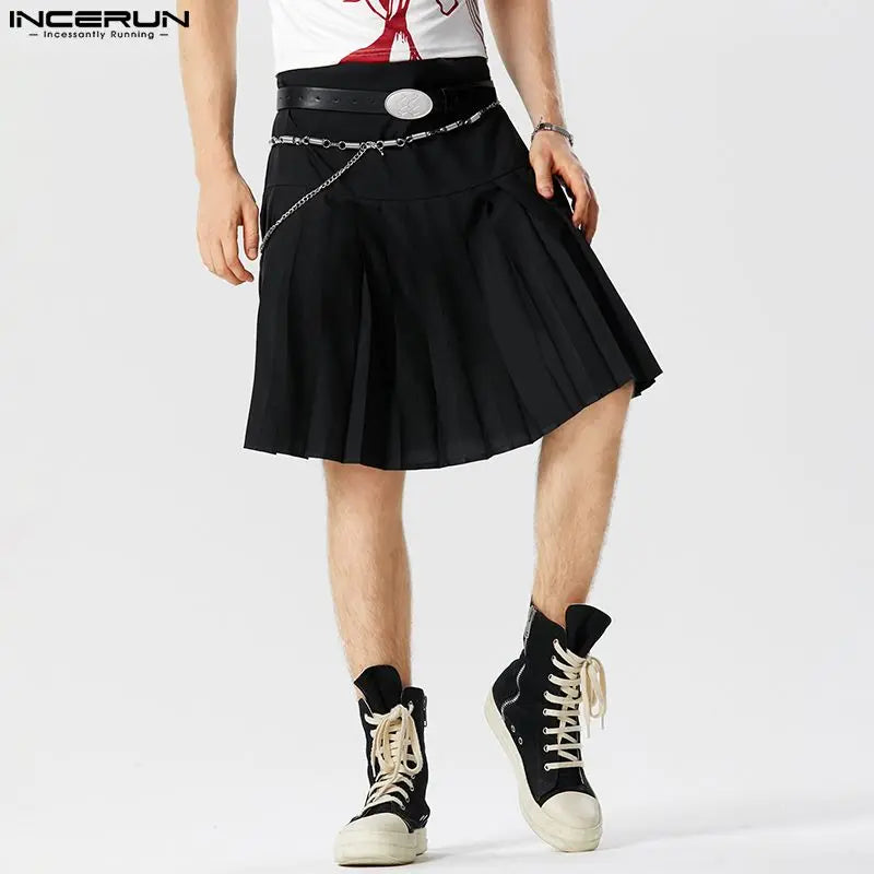 2023 Men Skirts Solid Color Shorts Zipper Pleated Fashion Men Bottoms Summer Streetwear Personality Unisex Skirts S-5XL INCERUN