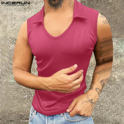 INCERUN Tops 2024 Amerikanischen Stil, Mode, Männer Gestrickte Pit Streifen Engen Elastischen Westen Sommer Sexy Männlichen Solide Revers Tank Tops S-5XL