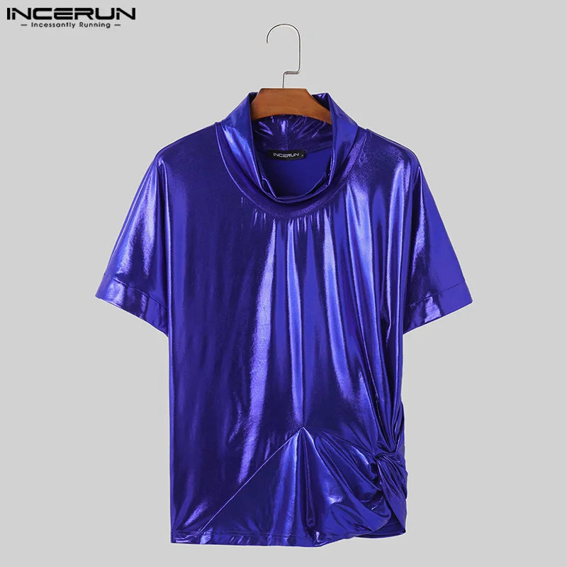 INCERUN Tops 2024 Casual New Men Pile Up Collar Flash Fabric T-shirts Stylish Male All-match Simple Short Sleeved Camiseta S-5XL