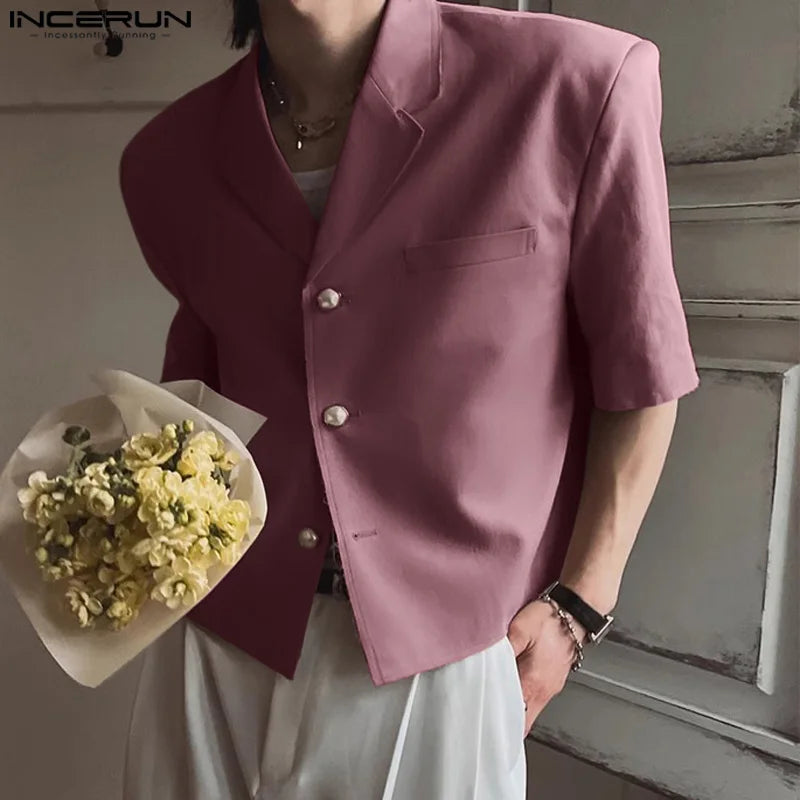 Stylish Casual Style Tops INCERUN New Men's Lightweight Cropped Solid Suit Coats Streetwear Male Short Sleeved Blazer S-5XL 2024