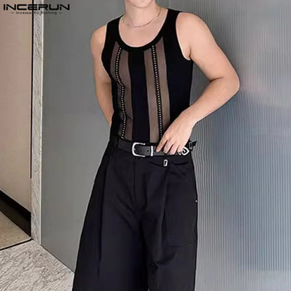 Fashion Casual Style Tops INCERUN New Men's Thin Mesh Patchwork Design Vests Sexy Male Slightly Transparent Tank Tops S-5XL 2024