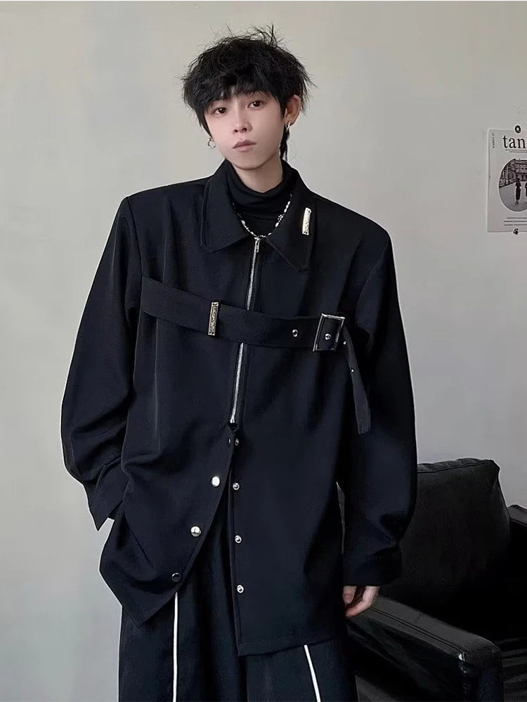 HOUZHOU Techwear Chemises Hommes Darkwear Hip Hop Blouses Punk Noir Manches Longues Boutonné Homme Fermeture Éclair Harajuku Japonais Streetwear