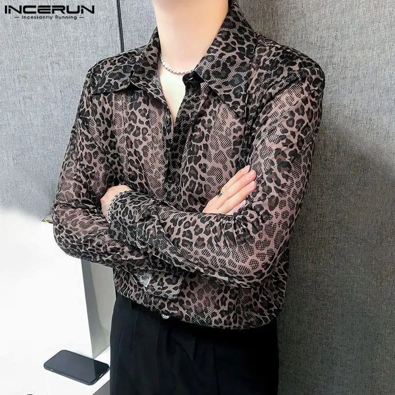 INCERUN Tops 2024 Korean Style Fashion New Men's Perspective Leopard Print Shirts Casual Clubwear Male Long Sleeved Blouse S-5XL