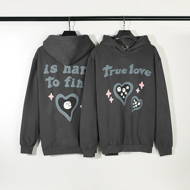 True Love is Hard to Find Foam Broken Hooded Hoodies for Men Streetwear Loose Casual Fleece Sweatshirts Unisex Pullover Hoody