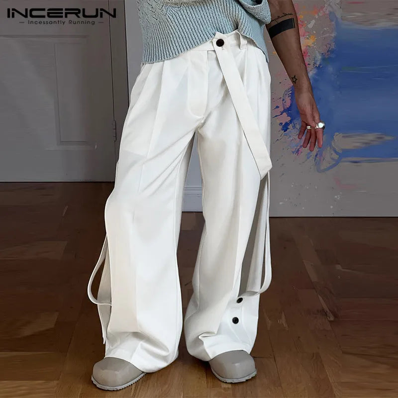 INCERUN 2024 Fashionable Men's Trousers Ribbon Deconstruction Design Pants Casual Well Fitting Personality Solid Pantalons S-5XL