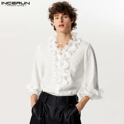 INCERUN Tops 2024 Handsome New Men's Ruffled Edge Patchwork Texture Shirts Male Leisure Streetwear Solid 3/4 Sleeve Blouse S-5XL