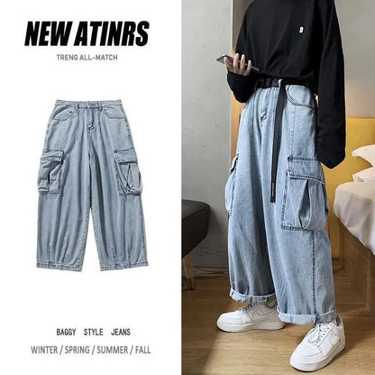 HOUZHOU Baggy-Jeans-Hose für Herren, Jeanshose, schwarze Hose mit weitem Bein, Jeans für Herren, lockere Freizeithose, koreanische Streetwear, Hip Hop, Harajuku