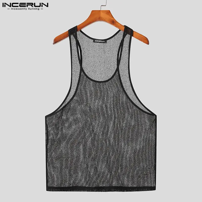 Sexy stilvolle Tops INCERUN Herren Casual durchsichtige Mesh-Weste Herrensport ausgehöhlt ärmellose dünne Westen S-5XL 2023