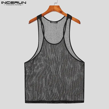 Sexy Stylish Style Tops INCERUN Mens Casual See-through Mesh Waistcoat Male Sports Hollowed Out Sleeveless Thin Vests S-5XL 2023