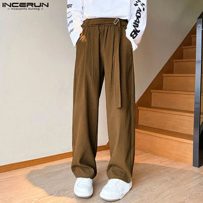 INCERUN 2024 Korean Style Trousers Men's Pleated Striped Loose Pants Casual Solid Comfortable Drape Straight Leg Pantalons S-5XL