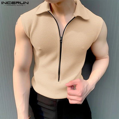 INCERUN Tops 2024 Koreanische Stil Mode Für Männer Zipper Design T-shirts Casual Streetwear Männlichen Solide Revers Ärmelloses Camiseta S-5XL