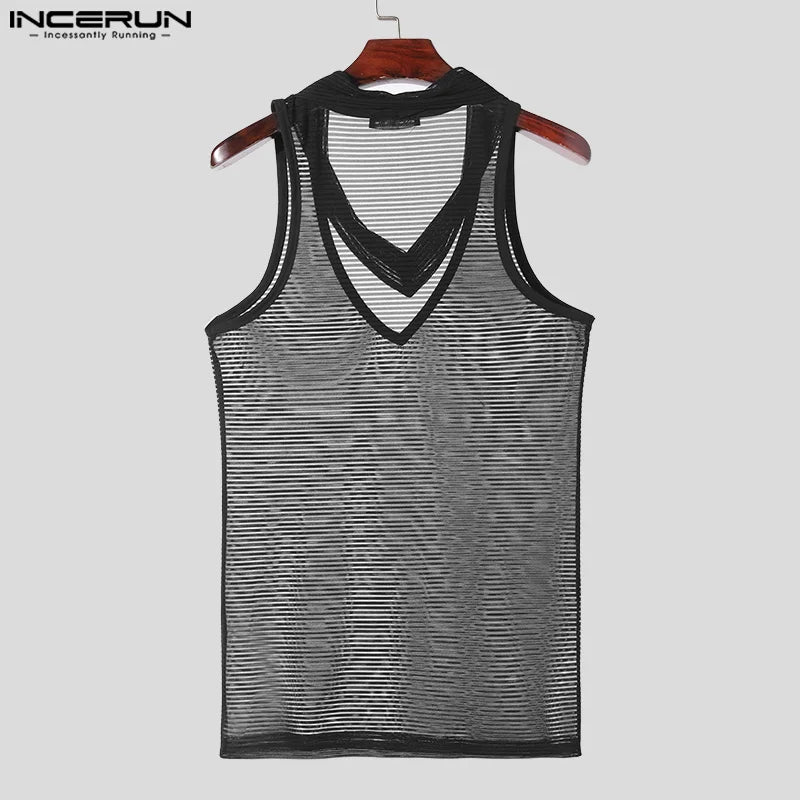 INCERUN Tops 2024 Mode herren Doppel V-ausschnitt Hohl Design Westen Sommer Streetwear Heißer Verkauf Gestreiften Ärmellose Tank Tops S-5XL