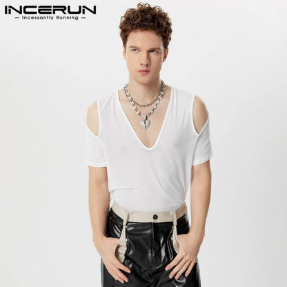 INCERUN Tops 2024 Korean Style Sexy Men Mesh Elastic Shoulder T-shirts Fashion Hot Sale Thin V-neck Short Sleeved Camiseta S-5XL