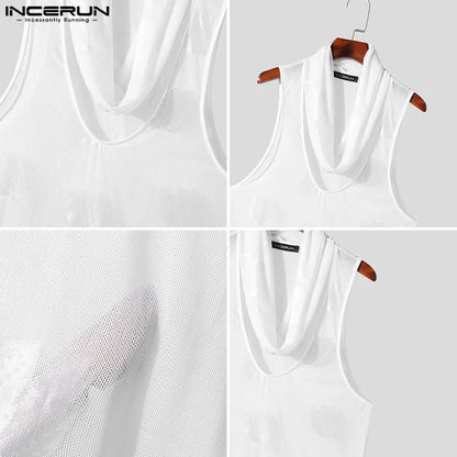 INCERUN Tops 2024 Korean Style Sexy Mens Lace U-neck Design Vests Summer Fashion Male Streetwear Thin Sleeveless Tank Tops S-3XL