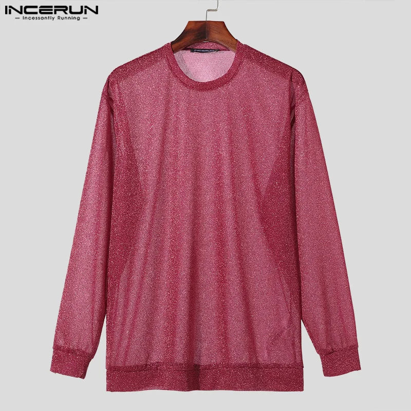 INCERUN Tops 2024 American Style New Mens Flash Mesh Perspective Design T-shirts Fashion O-neck Long Sleeved Thin Camiseta S-5XL