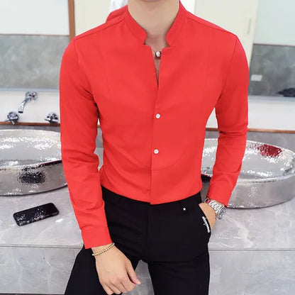 2024 Frühling 3 Farbe Stehkragen Hemd Hohe Qualität Männer Langarm Slim Fit Casual Shirt Schwarz Weiß Rot Business Kleid Shirts