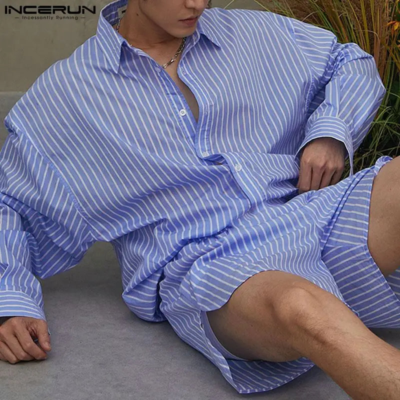 Fashion Casual Style Striped Sets INCERUN Handsome Men Long Sleeved Shirt Shorts Streetwear Male Loose Two-piece Sets S-5XL 2024