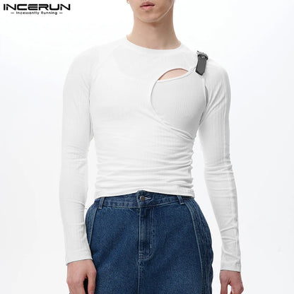 INCERUN Tops 2023 Korean Style Men's Fashion Metal Buckle Design T-shirts Casual Male Hollow O-neck Long Sleeved Camiseta S-5XL