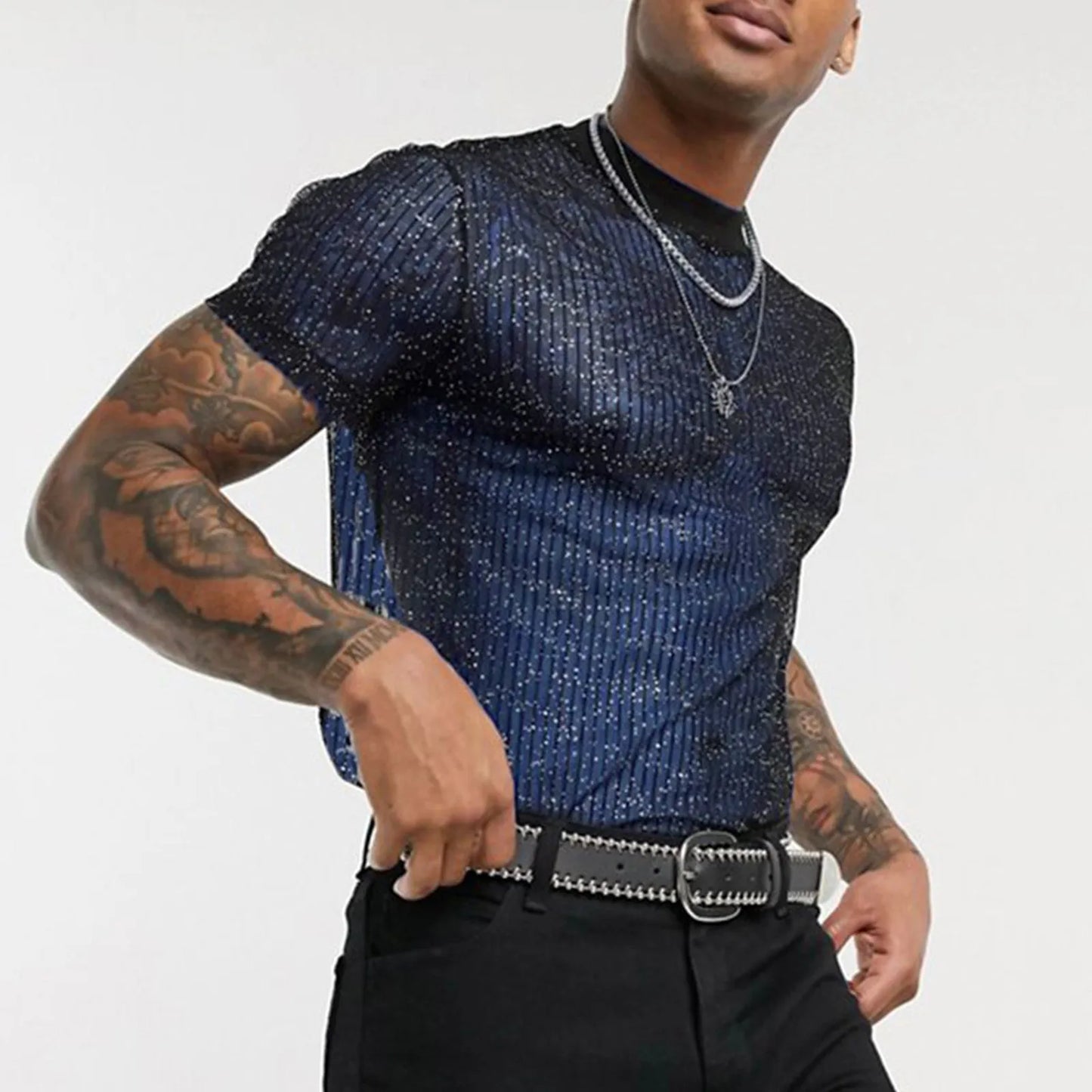 T-shirt à paillettes sexy pour hommes, col rond, manches courtes, paillettes, maille transparente, été, club, fête, t-shirts Camiseta