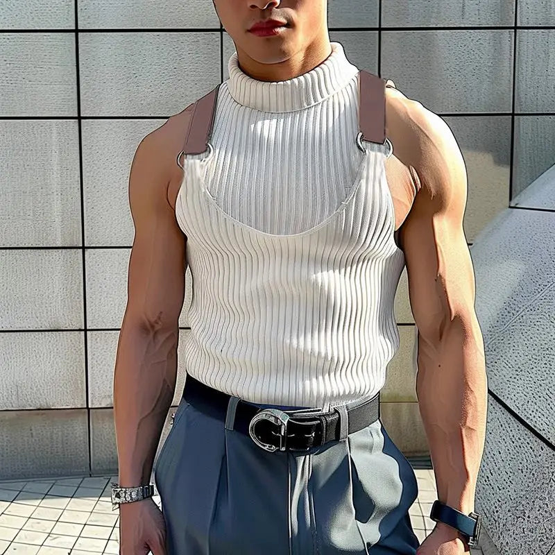 INCERUN Tops 2024 Koreanischen Stil Herren Gestrickte Gefälschte Zweiteilige Stehkragen Westen Stilvolle Streetwear Solide Ärmellose Tank Tops S-5XL