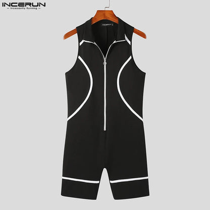 Casual Party Shows Style Jumpsuits INCERUN New Men Fashion Black&White Contrast Rompers Handsome Male Sleeveless Bodysuits S-5XL