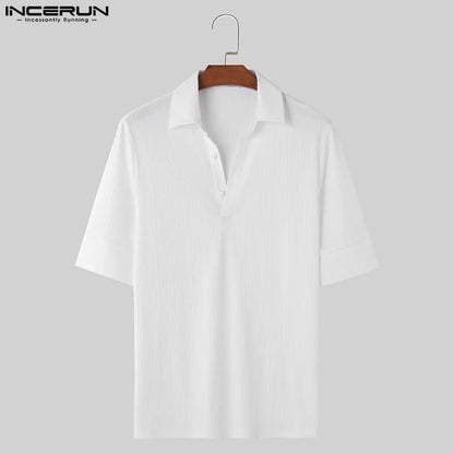 Handsome All-match Tops INCERUN Men's Striped V-neck Design Blouse Casual Streetwear Male Solid Short Sleeved Shirts S-5XL 2024