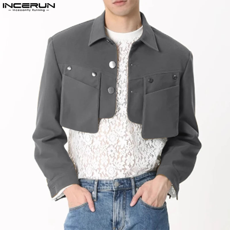 Fashion Casual Style Tops INCERUN Men Cropped Pocket Design Jackets Coats Male Personality Solid Long Sleeved Jackets S-5XL 2024