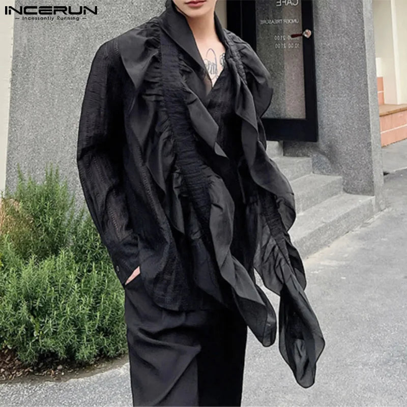 Handsome Well Fitting Tops INCERUN Men Ruffled Ribbon Shirts Fashion Solid Hollow Slightly Transparent Long Sleeved Blouse S-5XL