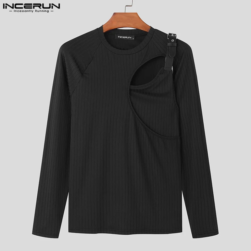 Stilvolle, heiß verkaufte Tops INCERUN Neue Männer T-Shirts mit Metallschnallen-Design Casual Male Hollow O-Neck Langarm Camiseta S-5XL 2023