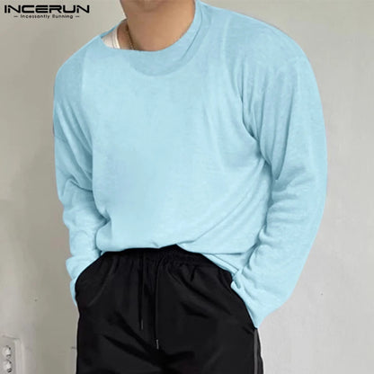 INCERUN Tops 2024 Korean Style Fashion Men's Texture Knitted T-shirt Casual Simple Solid Comfortable Long Sleeved Camiseta S-5XL