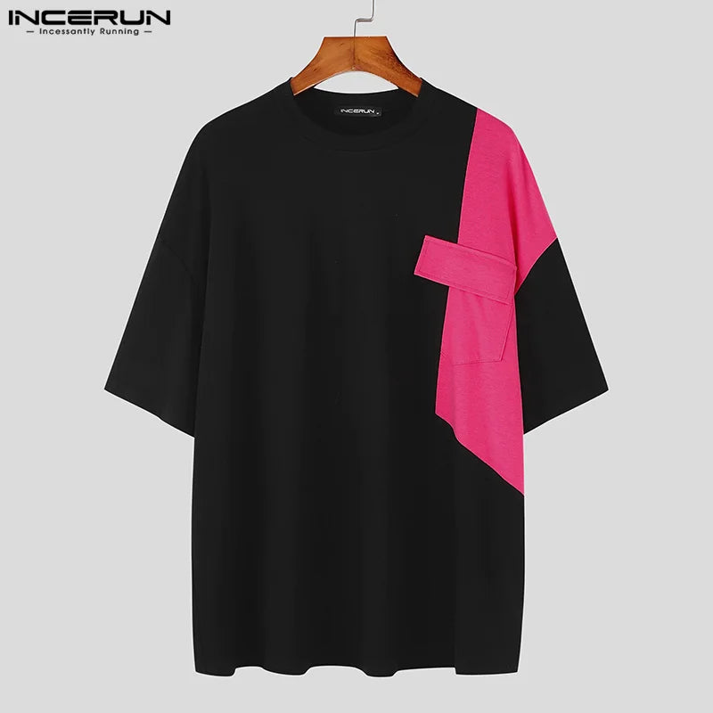 Fashion Casual Style Tops INCERUN Men's Color Block Splicing T-shirts Summer Streetwear Loose Short Sleeved Camiseta S-5XL 2024