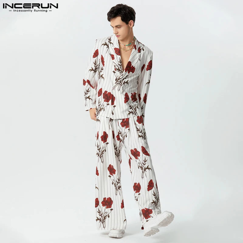 INCERUN 2023 American Style Handsome Mens Sets Rose Print Stripe Printing Casual Tops Wide Leg Pants Fashion Two Piece Set S-5XL