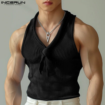 INCERUN Tops 2024 Korean Style New Men's Knitted Pit Tie Collar Design Vests Casual Streetwear Solid Sleeveless Tank Tops S-5XL