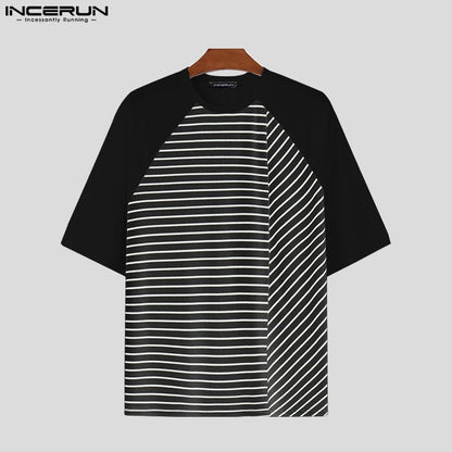 INCERUN Tops 2024 Koreanische Stil Mode Für Männer Gestreiften Gestrickten Spleißen T-shirts Sommer Casual Kurzarm Oansatz Camiseta S-5XL