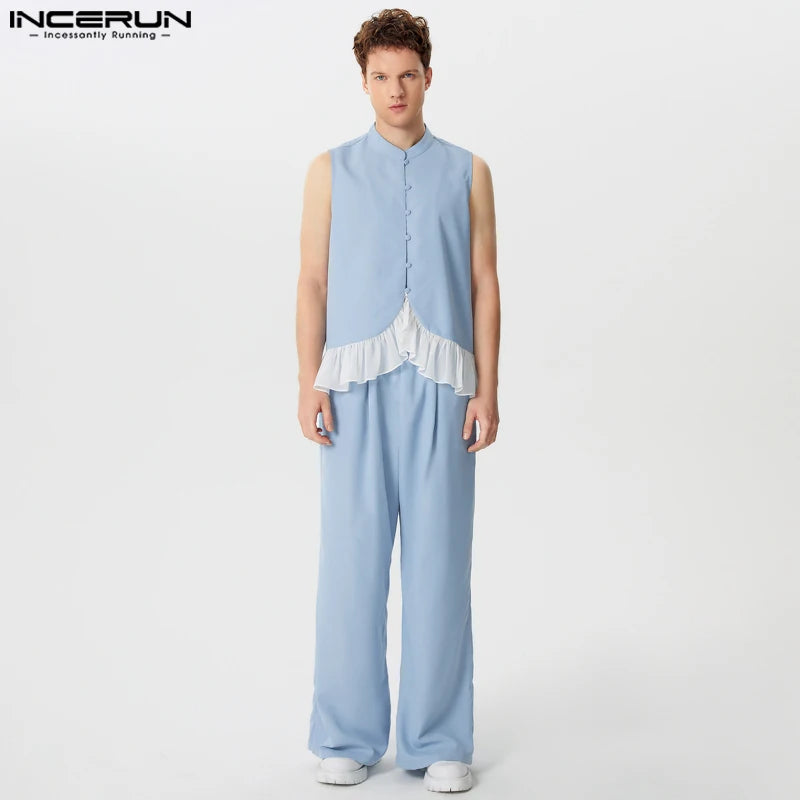 INCERUN 2024 American Style Mens Sets Stylish Ruffled Hem Splicing Stand Neck Vests Pants Leisure Streetwear Suit 2 Pieces S-5XL