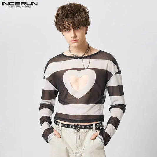 INCERUN Tops 2023 American Style New Men's Hollowed-out Love Pattern Camiseta Fashion Casual Printed Long-sleeved T-shirts S-5XL