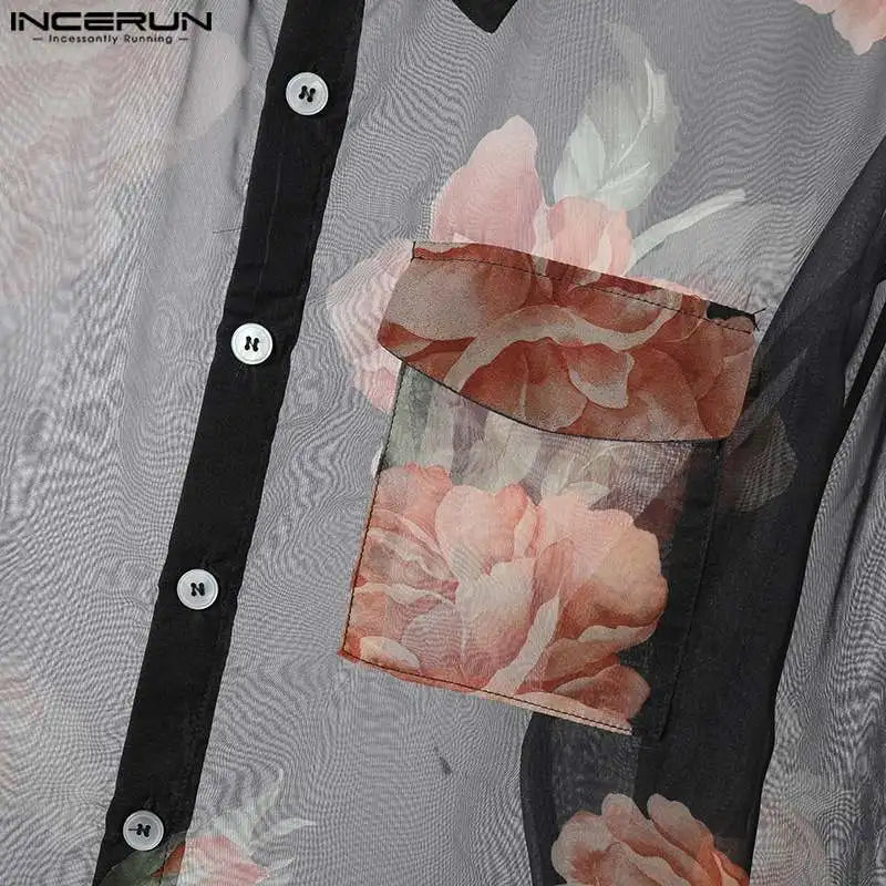 INCERUN Tops 2024 American Style Men's Chiffon Printed Pattern Shirts Sexy Male See-through Thin Long Sleeved Lapel Blouse S-5XL