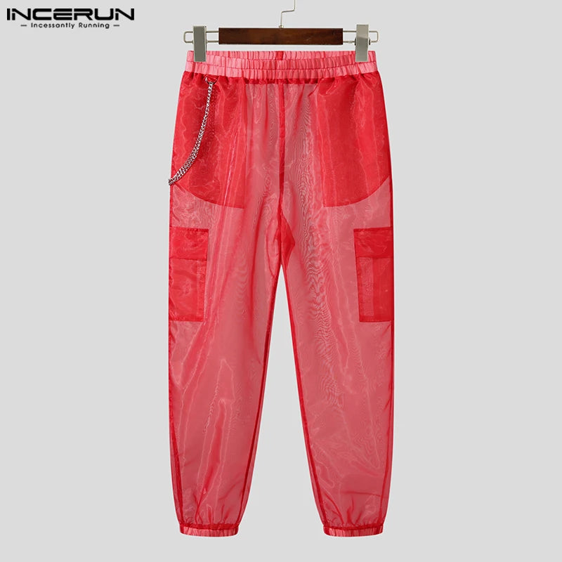 INCERUN 2023 American Style Trousers New Men's Party Shows Hot Sale Long Pants Sexy Solid See-through Mesh Thin Pantalons S-5XL