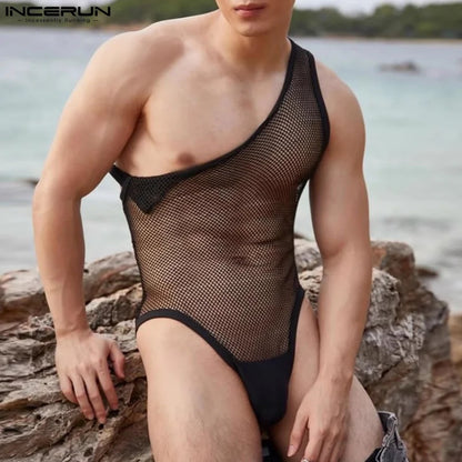 2024 männer Bodys Mesh Patchwork Sexy Oansatz Ärmelloses Männlichen Body Transparent Dünne Strampler Herren Unterwäsche S-5XL INCERUN