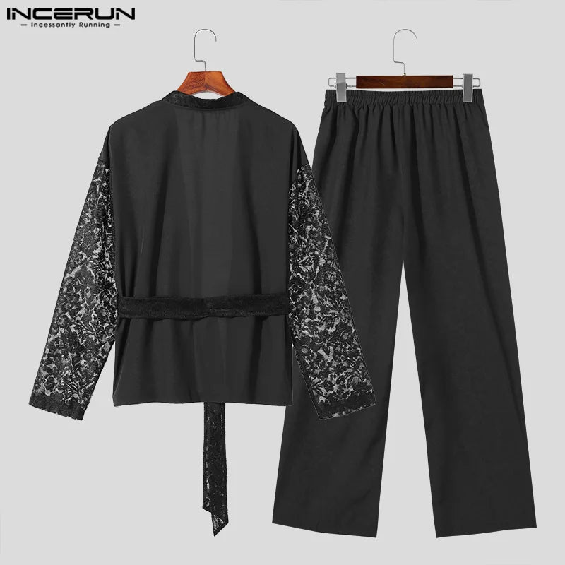 INCERUN 2024 American Style Men's Sexy Sets Long Sleeved Cardigan Long Pants Stylish Male Lace Strap Design Suit 2 Pieces S-5XL