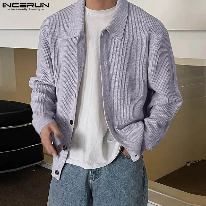 2023 Men Sweaters Solid Color Knitted Lapel Long Sleeve Button Casual Male Cardigan Streetwear Korean Outerwear INCERUN S-5XL