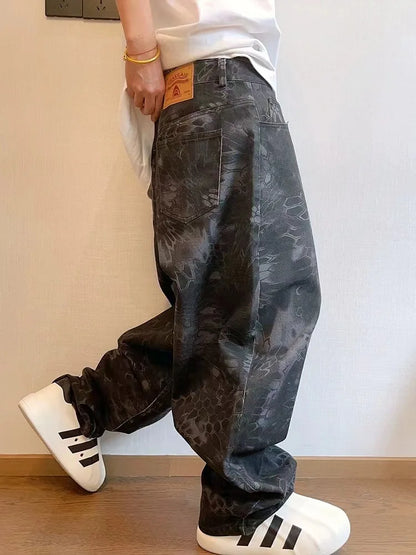 HOUZHOU Snake Animal Print Camouflage Pants for Men Wide Leg Jeans Demin Trousers Male Streetwear  Hip Hop Vintage Casual